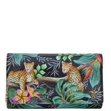 Load image into Gallery viewer, Anuschka style 1150, Three Fold Wallet.Jungle Queen painting in black color. Featuring RFID blocking and many credit card slots.
