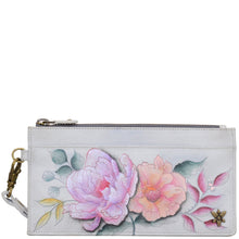Load image into Gallery viewer, Anuschka style 1151, handpainted Clutch Organizer Wristlet. Bel Fiori painting in grey color. Featuring Rear six credit card holders with RFID protection.

