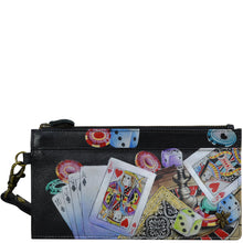 Load image into Gallery viewer, Anuschka style 1151, handpainted Clutch Organizer Wristlet. High Roller painting in black color. Featuring Rear six credit card holders with RFID protection.
