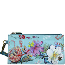 Load image into Gallery viewer, Anuschka style 1151, handpainted Clutch Organizer Wristlet. Jardin Bleu painting in blue color. Featuring Rear six credit card holders with RFID protection.
