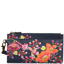 Load image into Gallery viewer, Anuschka style 1151, handpainted Clutch Organizer Wristlet. Moonlit Meadow painting in blue color. Featuring Rear six credit card holders with RFID protection.
