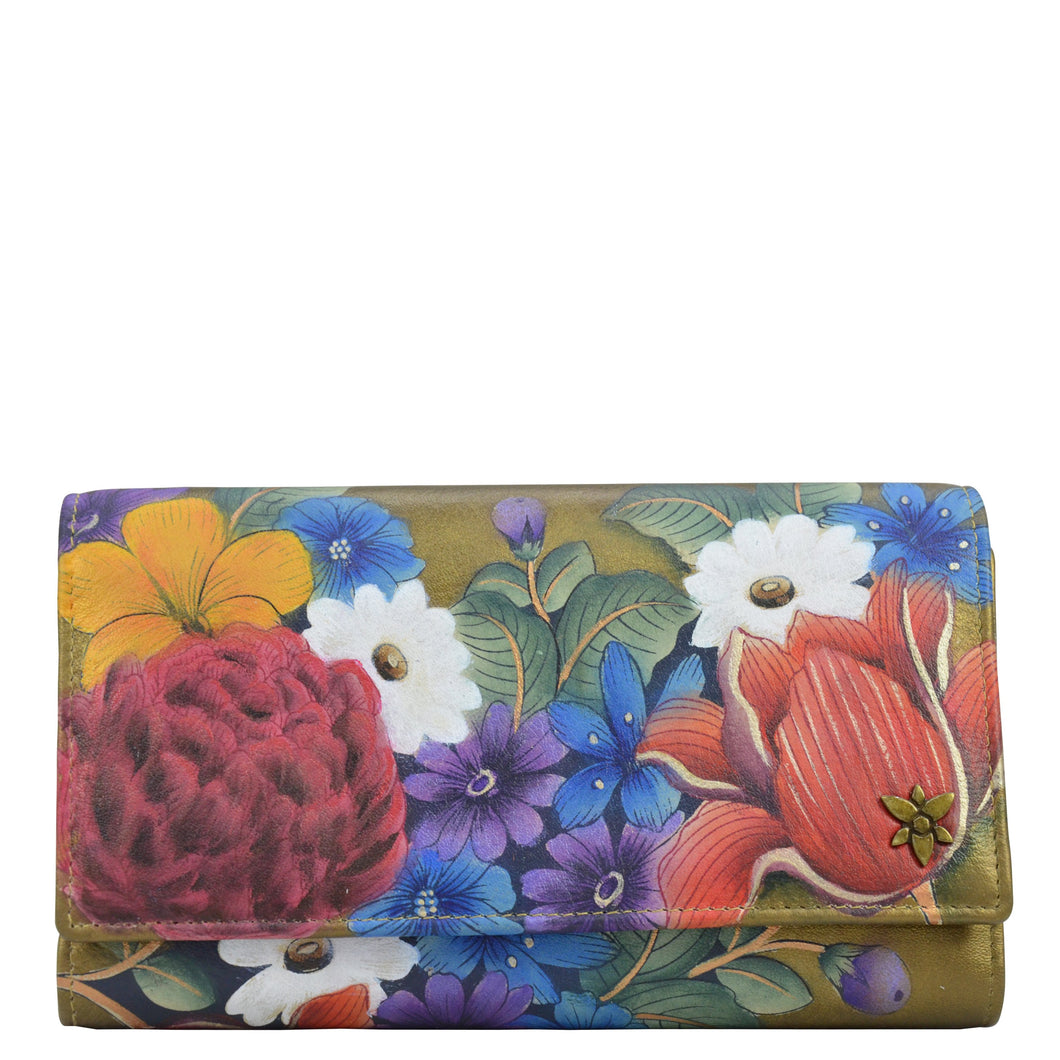 Anuschka style 1153, handpainted Checkbook Clutch. Dreamy Floral painting in golden color. Featuring Thirteen card holders with RFID protection.