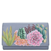 Load image into Gallery viewer, Anuschka style 1153, handpainted Checkbook Clutch. Desert Garden painting in grey color. Featuring Thirteen card holders with RFID protection.
