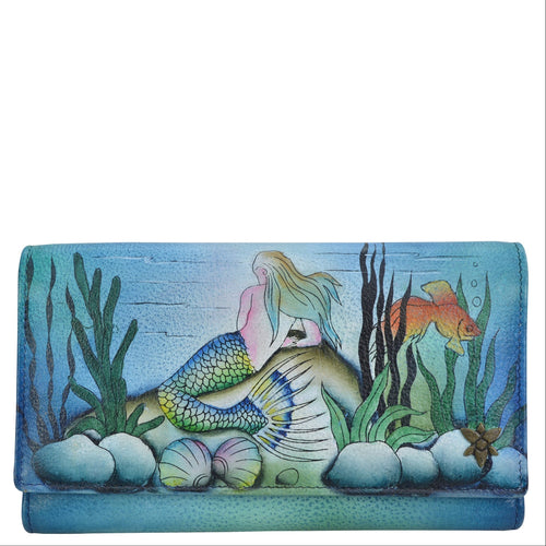 Anuschka style 1153, handpainted Checkbook Clutch. Little Mermaid painting in Blue color. Featuring Thirteen card holders with RFID protection.