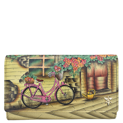 Anuschka style 1153, handpainted Checkbook Clutch. Vintage Bike painting in Multi color. Featuring Thirteen card holders with RFID protection.
