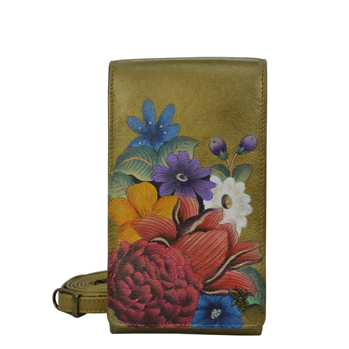 Anuschka style 1154, handpainted Smartphone Crossbody. Dreamy Floral painting in Golden color. Featuring RFID blocking, many credit card slots and one ID window.