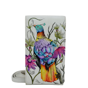 Anuschka style 1154, Smartphone Crossbody. Himalayan Bird painting in white color. Featuring RFID blocking, many credit card slots and one ID window.