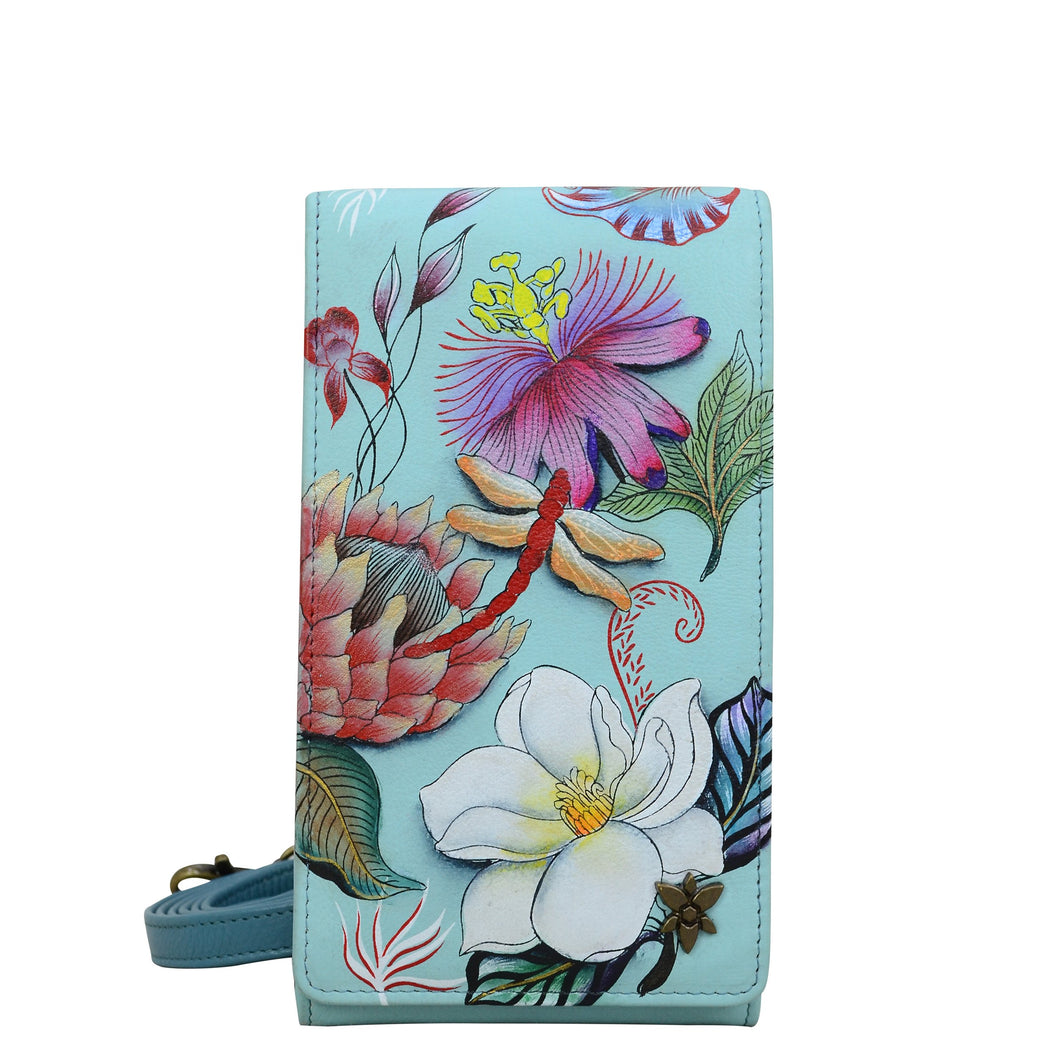 Anuschka style 1154, Smartphone Crossbody. Jardin Bleu painting in blue color. Featuring RFID blocking, many credit card slots and one ID window.