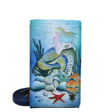 Load image into Gallery viewer, Anuschka style 1154, Smartphone Crossbody.  Little Mermaid painting in blue color. Featuring RFID blocking, many credit card slots and one ID window.
