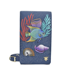 Load image into Gallery viewer, Anuschka style 1154, Smartphone Crossbody. Mystical Reef painting in Blue color. Featuring RFID blocking, many credit card slots and one ID window.
