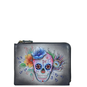 Anuschka style 1160, handpainted Key Zip Case. Calaveras de Azúcar painting in Black color. Featuring pockets for your cards and a zip pocket for coins and receipts.