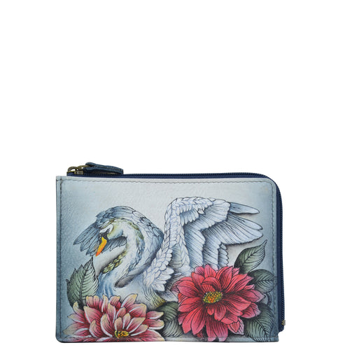 Anuschka style 1160, handpainted Key Zip Case. Swan Song painting in grey color. Featuring pockets for your cards and a zip pocket for coins and receipts.