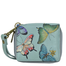 Load image into Gallery viewer, Anuschka style 1161, Zip Around Small Organizer Wallet. Butterfly Heaven painting in Green or Mint Color. Featuring RFID blocking and many credit card slots.
