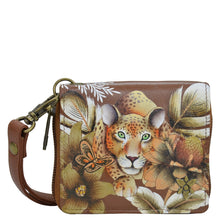Load image into Gallery viewer, Anuschka style 1161, Zip Around Small Organizer Wallet. Cleopatra&#39;s Leopard painting in tan color. Featuring RFID blocking and many credit card slots.

