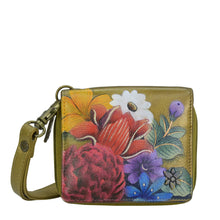 Load image into Gallery viewer, Anuschka style 1161, Zip Around Small Organizer Wallet. Dreamy Floral painting in Golden color. Featuring RFID blocking and many credit card slots.
