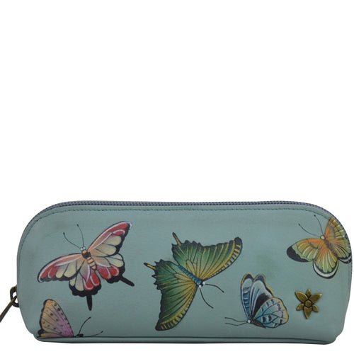 Anuschka style 1163, Medium Zip-Around Eyeglass/Cosmetic Pouch.  Butterfly Heaven painting in Green or Mint Color. Featuring soft fabric lining and secure zip closure.
