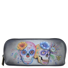 Load image into Gallery viewer, Anuschka style 1163, Medium Zip-Around Eyeglass/Cosmetic Pouch.  Calaveras de Azúcar painting in Black color. Featuring soft fabric lining and secure zip closure.
