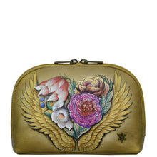 Load image into Gallery viewer, Anuschka style 1164, handpainted Large Cosmetic Pouch. Angel Wings painting in tan color. Featuring one full length zippered pocket.
