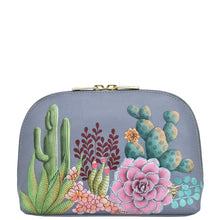 Load image into Gallery viewer, Anuschka style 1164, handpainted Large Cosmetic Pouch. Desert Garden painting in grey color. Featuring one full length zippered pocket.
