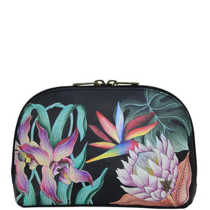 Anuschka style 1164, handpainted Large Cosmetic Pouch. Island Escape Black painting in black color. Featuring one full length zippered pocket.