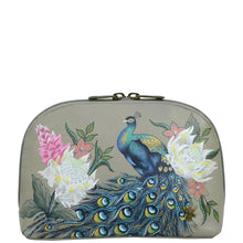 Load image into Gallery viewer, Anuschka style 1164, handpainted Large Cosmetic Pouch. Regal Peacock painting in grey color. Featuring one full length zippered pocket.
