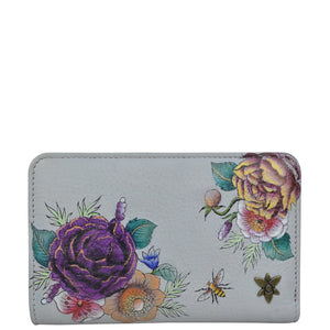Anuschka style 1166, handpainted Two-Fold Small Organizer Wallet. Floral Charm painting in grey color. FFeaturing RFID blocking and many credit card slots.