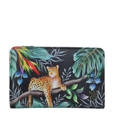 Load image into Gallery viewer, Anuschka style 1166, handpainted Two-Fold Small Organizer Wallet. Jungle Queen painting in Black color. Featuring RFID blocking and many credit card slots.
