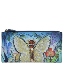 Load image into Gallery viewer, Anuschka style 1171, handpainted Two Fold Wallet. Enchanted Garden painting in Blue color. Featuring Six credit card holders with RFID protection, two ID windows.
