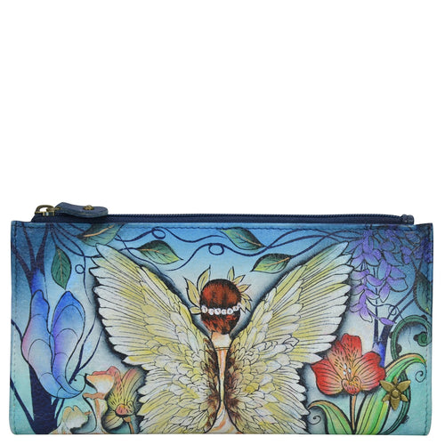 Anuschka style 1171, handpainted Two Fold Wallet. Enchanted Garden painting in Blue color. Featuring Six credit card holders with RFID protection, two ID windows.