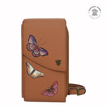 Load image into Gallery viewer, Anuschka style 1173, handpainted Crossbody Phone Case. Butterflies Honey painting in tan color.Featuring RFID blocking and many credit card slots.
