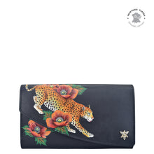 Load image into Gallery viewer, Anuschka style 1174, handpainted leather accordion flap wallet. Enigmatic Leopard painting in Black color.Featuring RFID blocking and many credit card slots.
