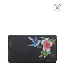 Load image into Gallery viewer, Anuschka style 1174, handpainted leather accordion flap wallet. Hummingbird painting in Black color. Featuring RFID blocking and many credit card slots.
