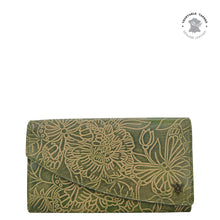Load image into Gallery viewer, Anuschka style 1174, Leather accordion flap wallet. Tooled Butterfly in green or mint color. Featuring RFID blocking and many credit card slots.
