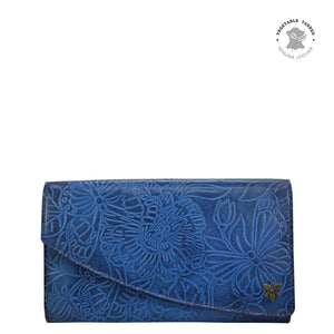 Anuschka style 1174, Leather accordion flap wallet. Tooled Butterfly Jade in blue color. Featuring RFID blocking and many credit card slots.