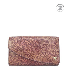 Load image into Gallery viewer, Anuschka style 1174, leather accordion flap wallet. Tooled Butterfly Wine art in Wine color. Featuring RFID blocking and many credit card slots.
