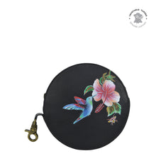 Load image into Gallery viewer, Anuschka style 1175, handpainted Round Coin Purse. Hummingbird painting in Black color. Featuring Rear ID window.
