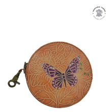 Load image into Gallery viewer, Anuschka style 1175, handpainted Round Coin Purse. Tooled Butterfly in brown color. Featuring Rear ID window.
