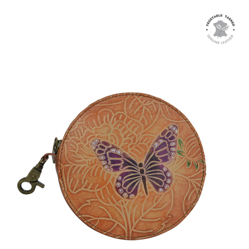 Anuschka style 1175, handpainted Round Coin Purse. Tooled Butterfly in brown color. Featuring Rear ID window.
