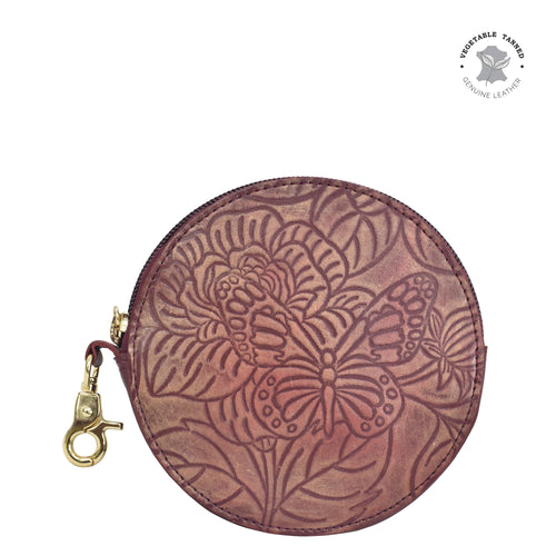 Anuschka style 1175, Round Coin Purse. Tooled Butterfly Wine art in Wine color. Featuring Rear ID window.