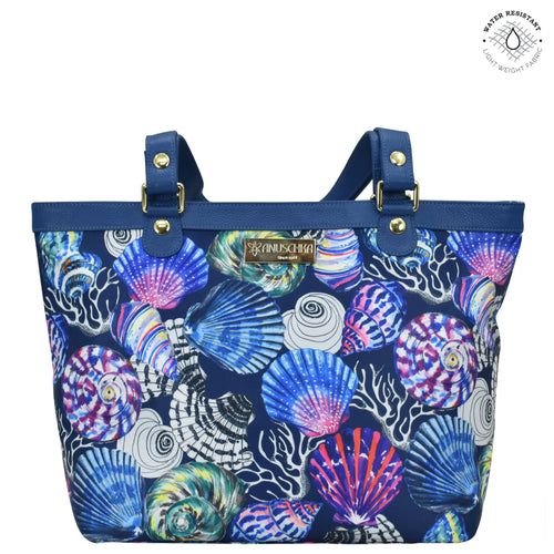 Sea Treasures Fabric with Leather Trim Zip Top City Tote - 12005