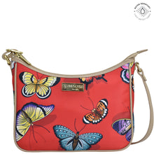 Load image into Gallery viewer, Butterfly Heaven Ruby Fabric with Leather Trim East/West Hobo - 12013
