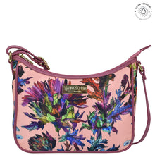 Load image into Gallery viewer, Dragonfly Garden Fabric with Leather Trim East/West Hobo - 12013
