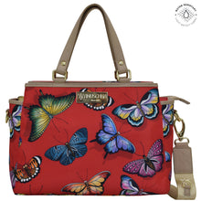 Load image into Gallery viewer, Butterfly Heaven Ruby Fabric with Leather Trim Multi Compartment Satchel - 12014
