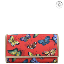 Load image into Gallery viewer, Butterfly Heaven Ruby Fabric with Leather Trim Three-Fold RFID Wallet - 13007
