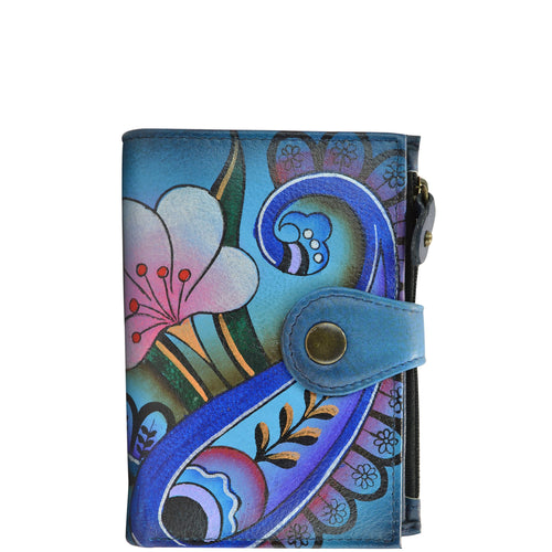 Anuschka style 1700, handpainted Ladies Wallet. Denim Paisley Floral painting in Blue color. Featuring full length bill pockets, eight credit card pockets, four multi purpose pockets and zippered coin pocket.