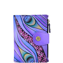 Load image into Gallery viewer, Anna by Anuschka style 1700, handpainted Ladies Wallet. Dreamy Peacock painting in Blue color. Featuring full length bill pockets, eight credit card pockets, four multi purpose pockets and zippered coin pocket.

