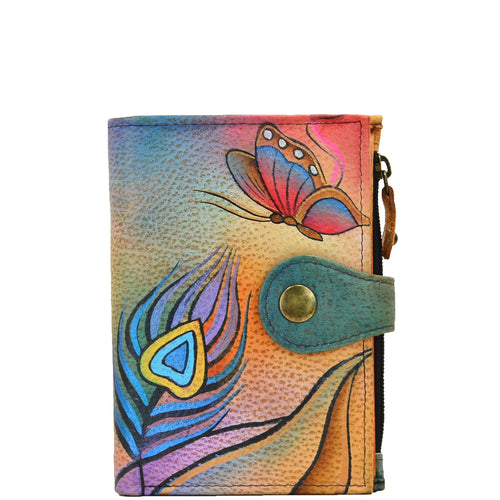 Anuschka style 1700, handpainted Ladies Wallet. Peacock Butterfly painting in Multi color. Featuring full length bill pockets, eight credit card pockets, four multi purpose pockets and zippered coin pocket.