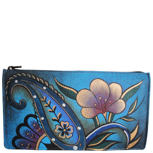 Anuschka style 1707, handpainted Organizer Wallet. Denim Paisley Floral painting in Blue color. Featuring full length bill pockets, eight credit card pockets, four multi purpose pockets and zippered coin pocket.