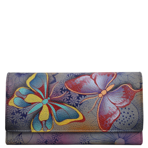 Anna by Anuschka style 1710, handpainted Multi Pocket Wallet. Butterfly Paradise painting in Multi color. Featuring full length bill pockets, eight credit card pockets, four multi purpose pockets and zippered coin pocket.