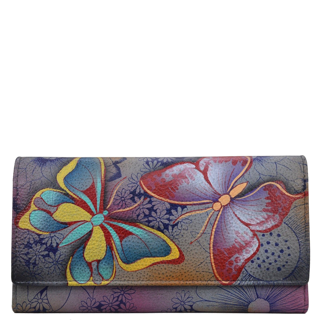 Anna by Anuschka style 1710, handpainted Multi Pocket Wallet. Butterfly Paradise painting in Multi color. Featuring full length bill pockets, eight credit card pockets, four multi purpose pockets and zippered coin pocket.